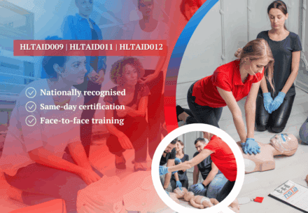Two first aid trainees practicing CPR on a manikin during hands-on training in NSW
