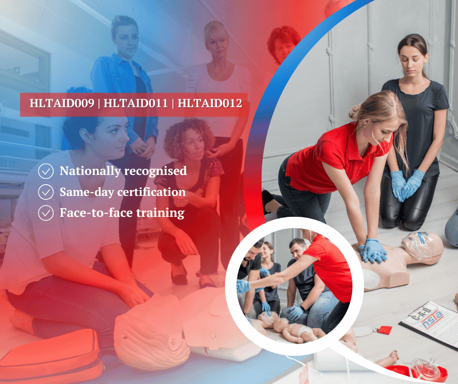 Two first aid trainees practicing CPR on a manikin during hands-on training in NSW